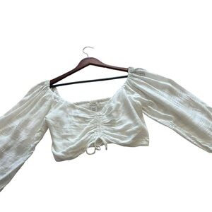 L*SPACE White Peasant Crop Top M Ruched Front Balloon Sleeves Boho Cottagecore